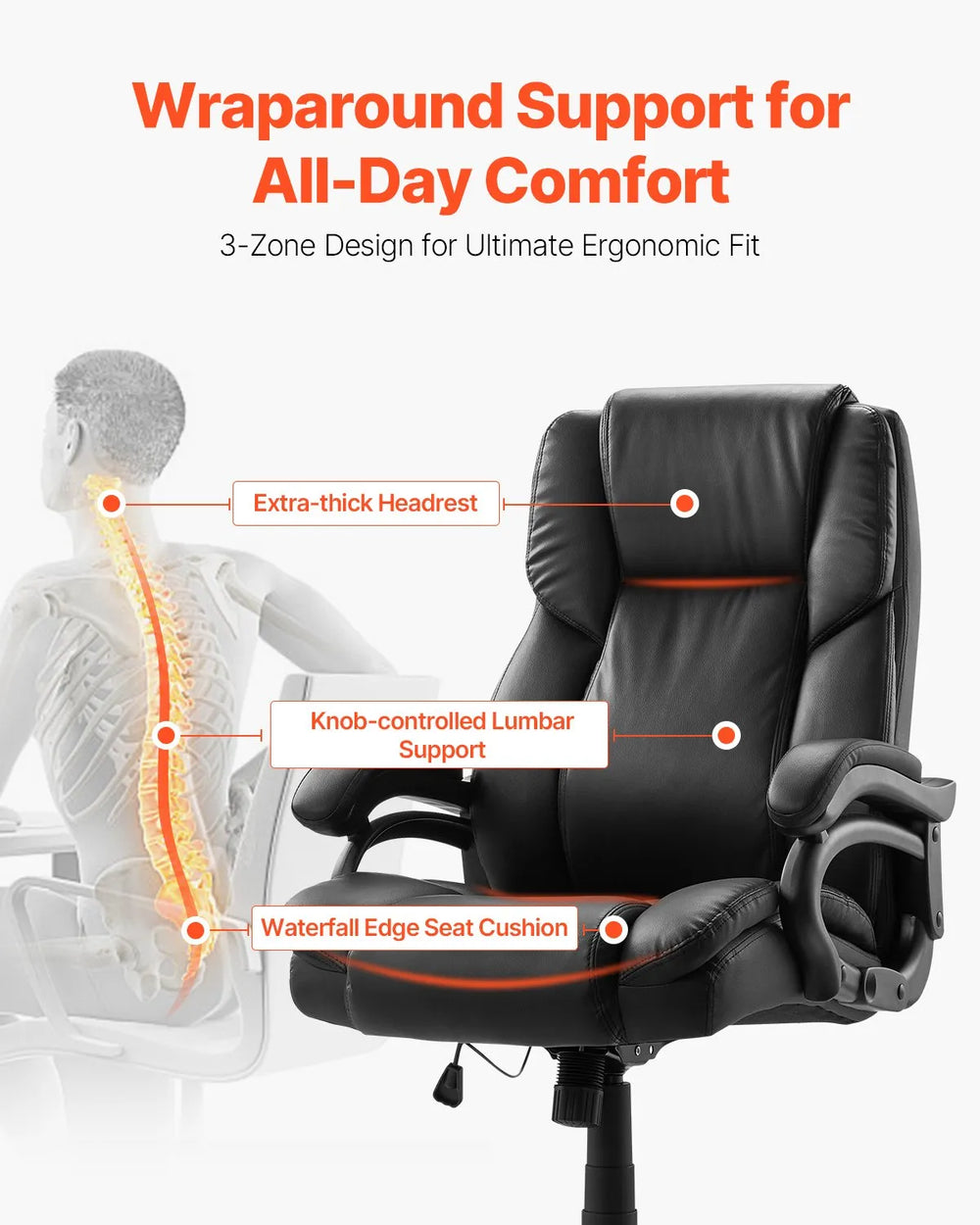 Vevor Executive Office Chair Reclining with Adjustable Lumbar Support 500 Lbs New