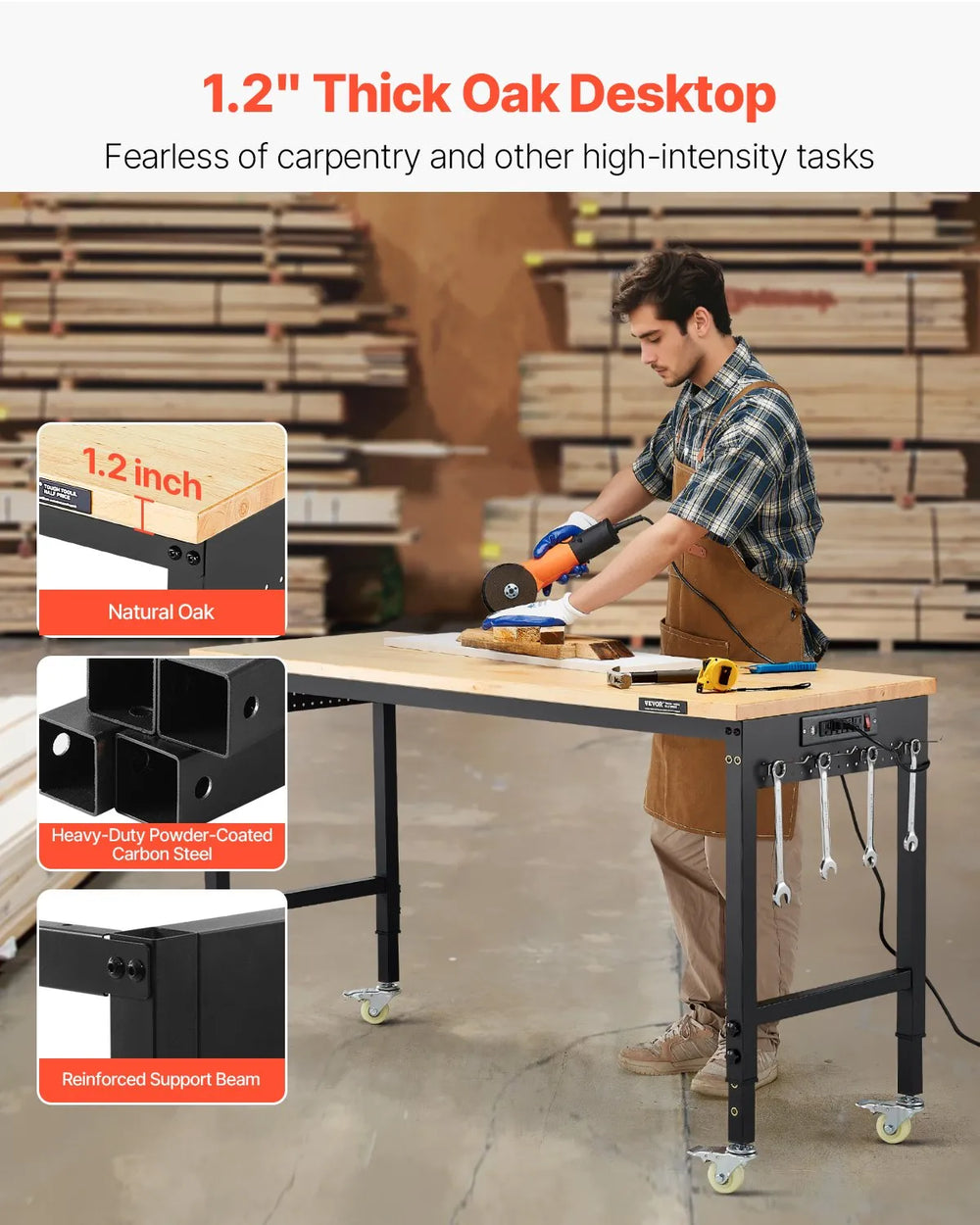 Vevor Workbench on Wheels 60 x 22 in. Oak Top with Side Pegboards Power Outlets New