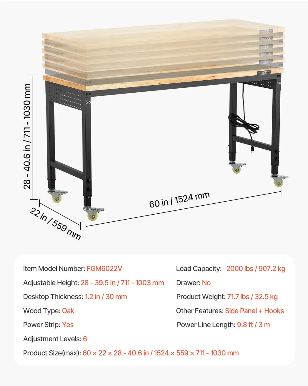 Vevor Workbench on Wheels 60 x 22 in. Oak Top with Side Pegboards Power Outlets New