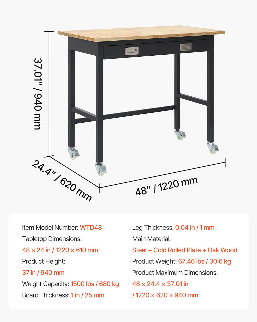 Vevor Workbench 48 in. Oak Top with Drawer Storage Wheels 1,500 lb. Capacity New