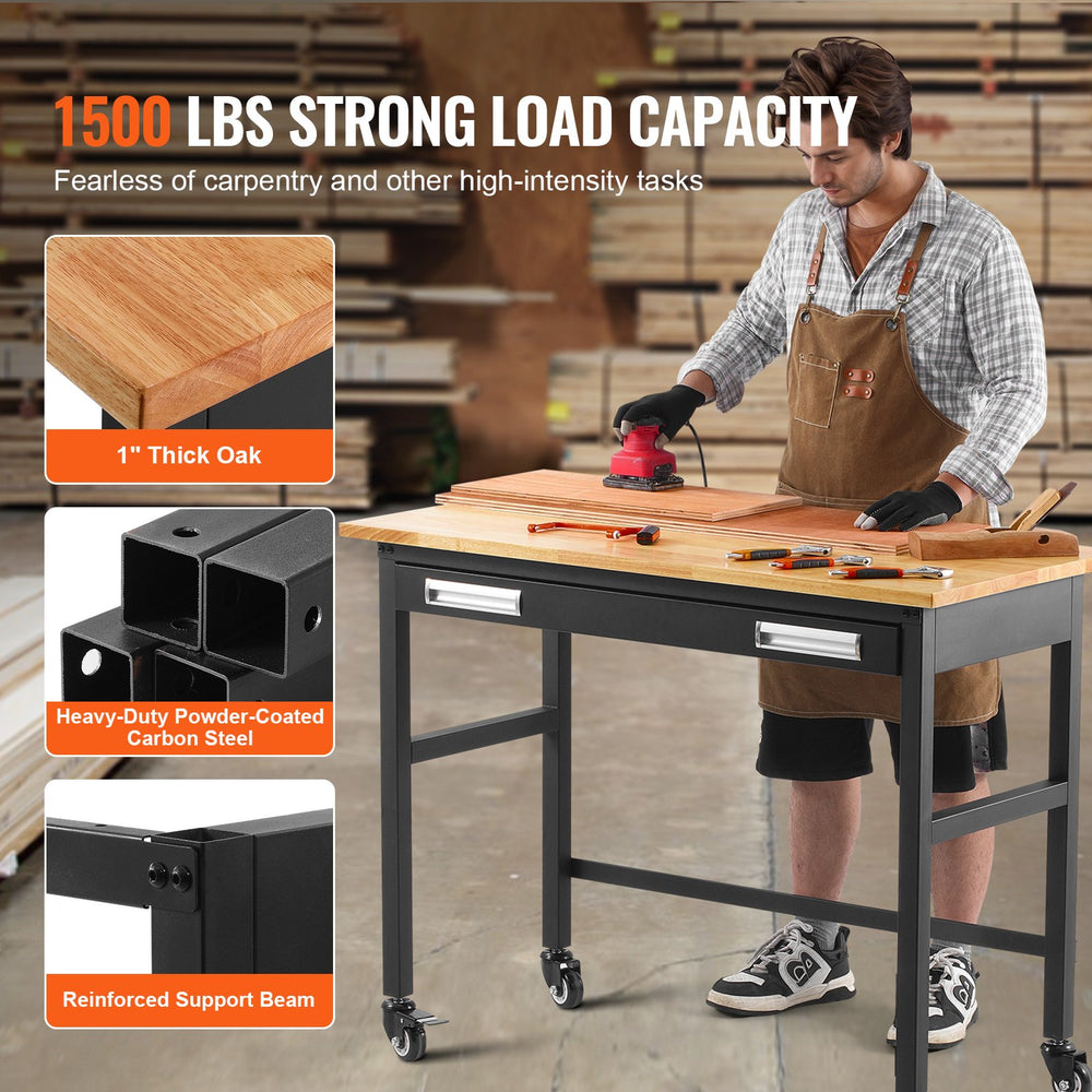 Vevor Work Bench on Wheels 48" Wood Top Table with Drawer 1500 Lbs New