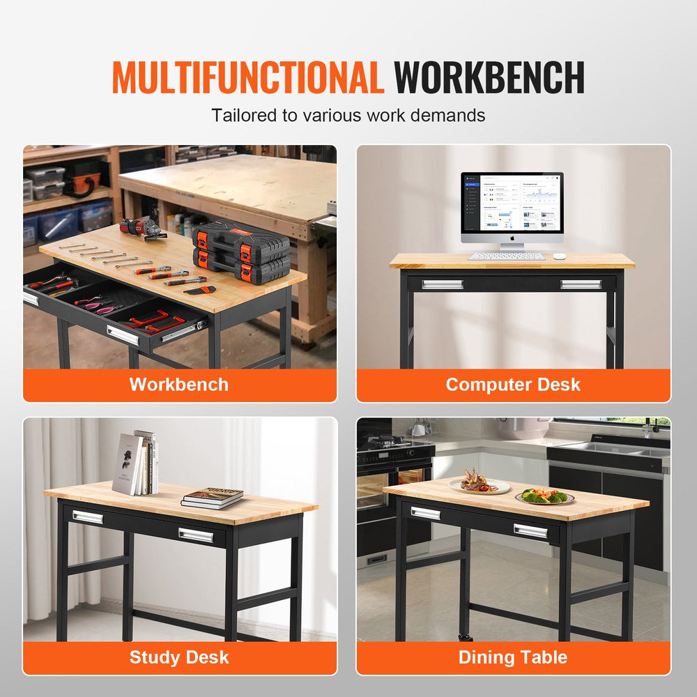 Vevor Work Bench on Wheels 48" Wood Top Table with Drawer 1500 Lbs New