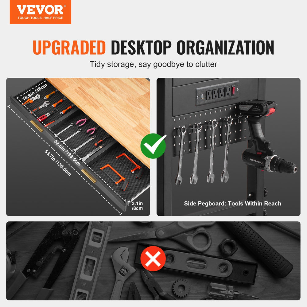 Vevor Work Bench on Wheels 60" Wood Top Height Adjustable with Power Outlet New