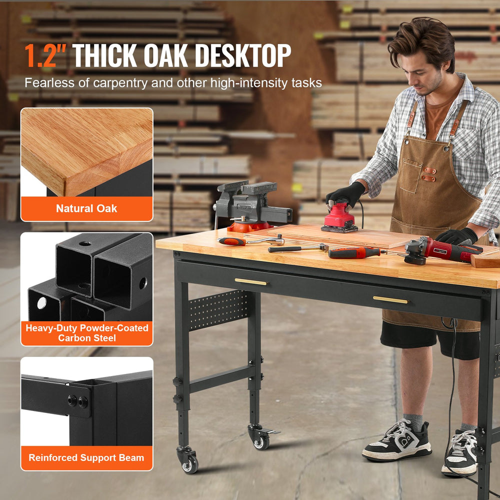 Vevor Work Bench on Wheels 60" Wood Top Height Adjustable with Power Outlet New