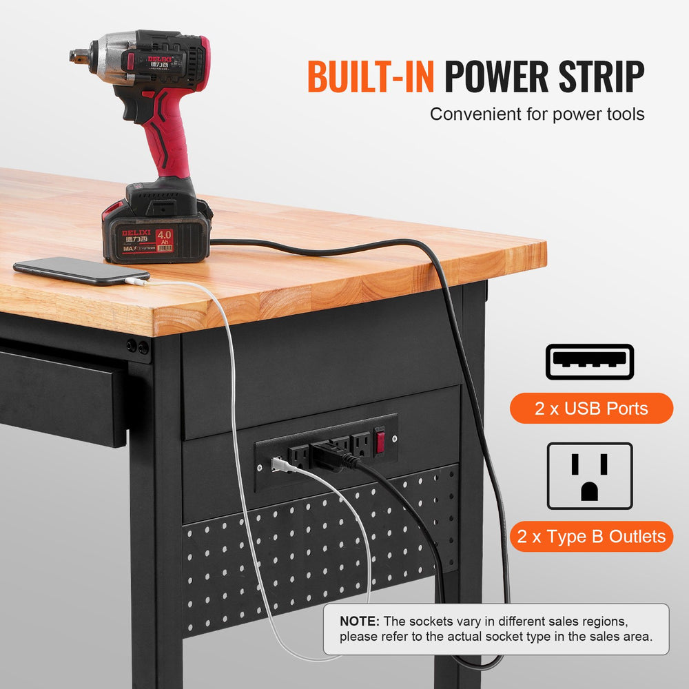 Vevor Work Bench on Wheels 60" Wood Top Height Adjustable with Power Outlet New