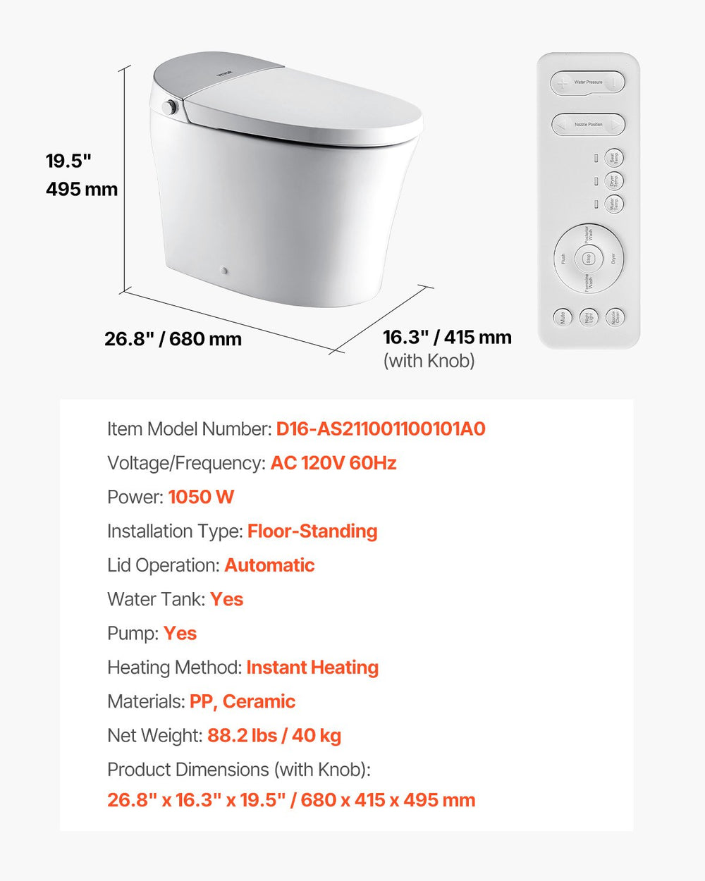 Vevor Smart Toilet Elongated Auto Freshening with Heated Seat New