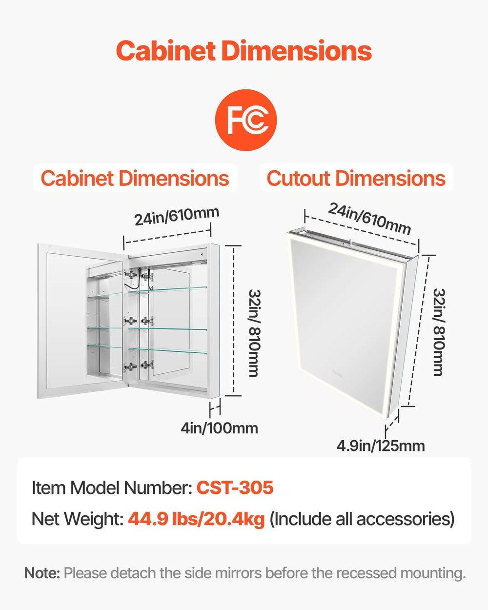 Vevor Lighted Medicine Cabinet 24 x 32 in. with Magnifying Mirror 3 Color Dimmable LED New