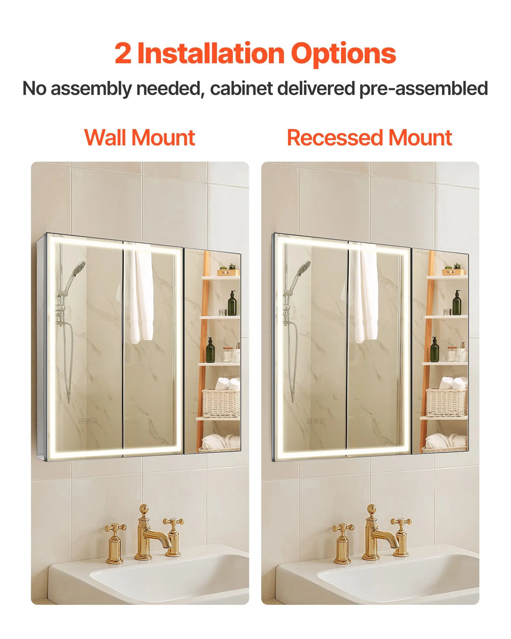Vevor Lighted Medicine Cabinet 30 x 28 in. with Anti-Fog Mirror 3-Color Dimmable LED New