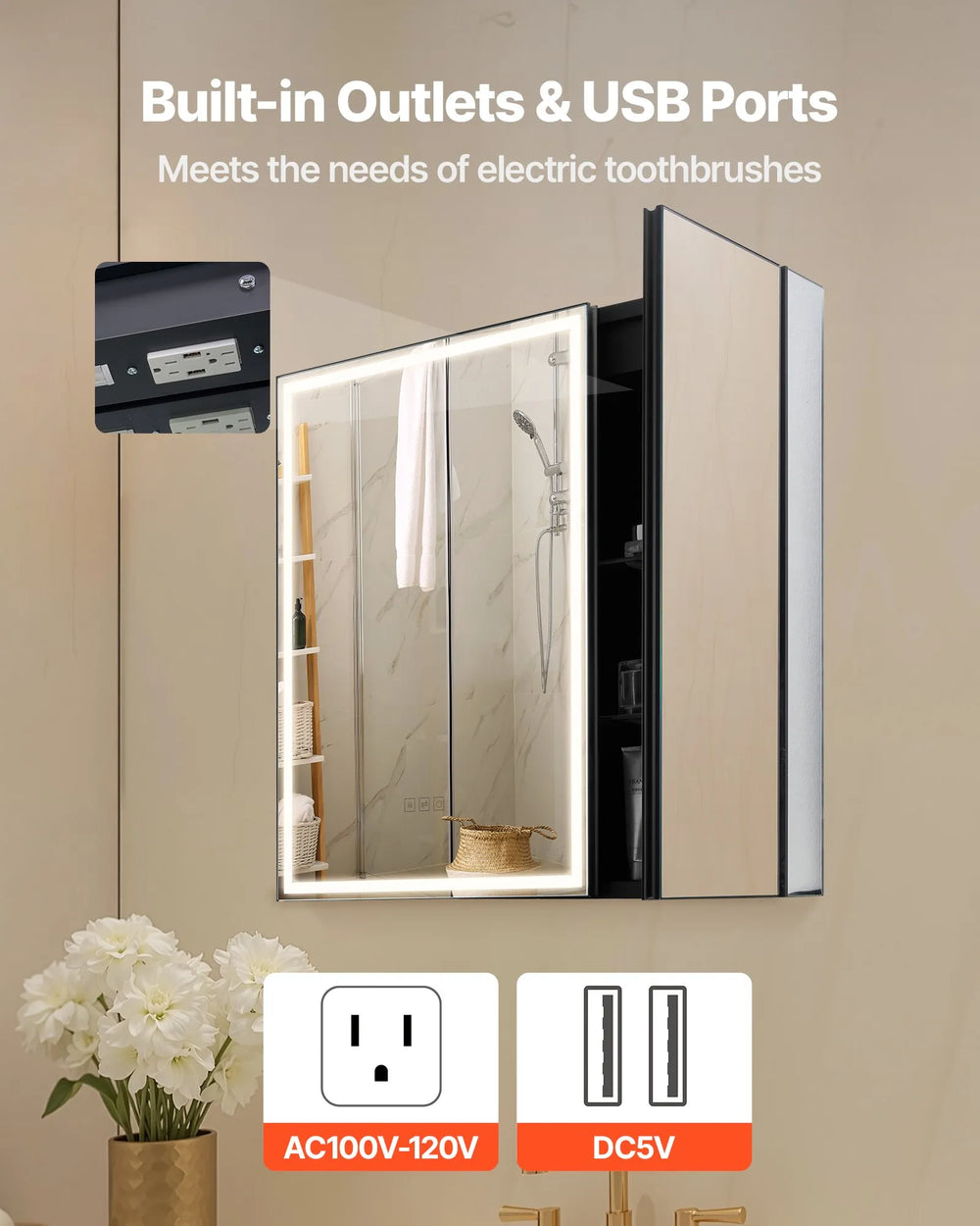 Vevor Lighted Medicine Cabinet 30 x 28 in. with Anti-Fog Mirror 3-Color Dimmable LED New