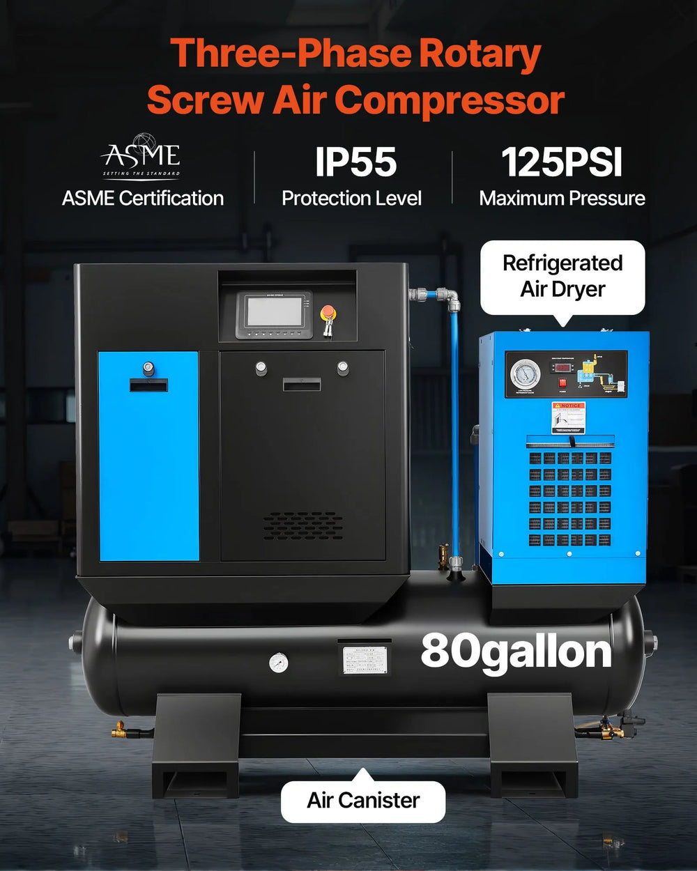 Vevor Rotary Screw Air Compressor with Refrigerated Dryer 80 Gal. 125 PSI 10 HP 230V New