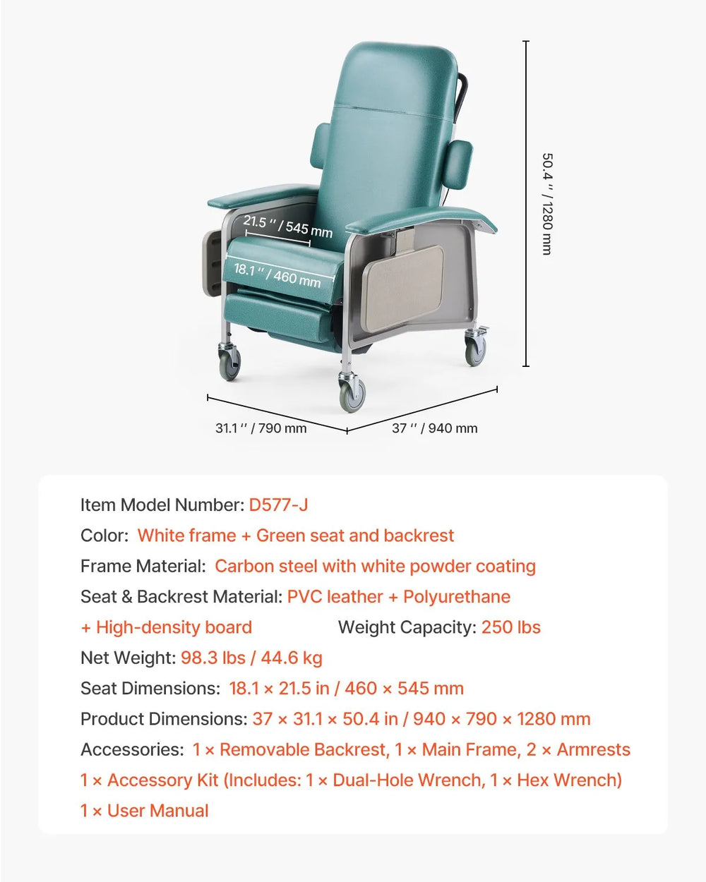 Vevor Medical Recliner Chair 4-Position Trendelenburg with 2 Trays New