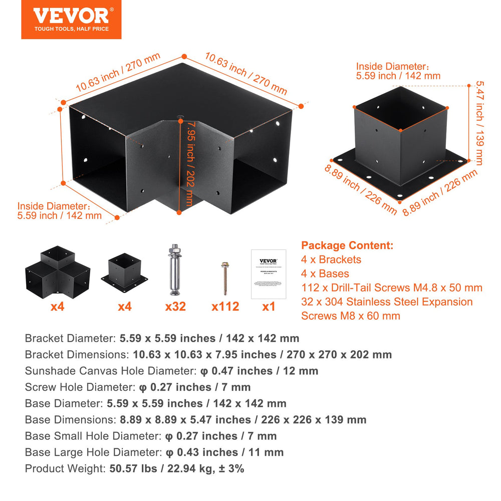 Vevor Pergola Bracket Kit 6" x 6" 3-Way Corner and Post Base 8pcs New