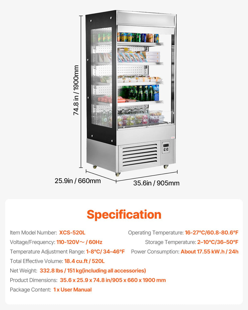 Vevor Open Air Merchandiser 4-Tier Display Cooler with Air Curtain 18.4 Cu. Ft New
