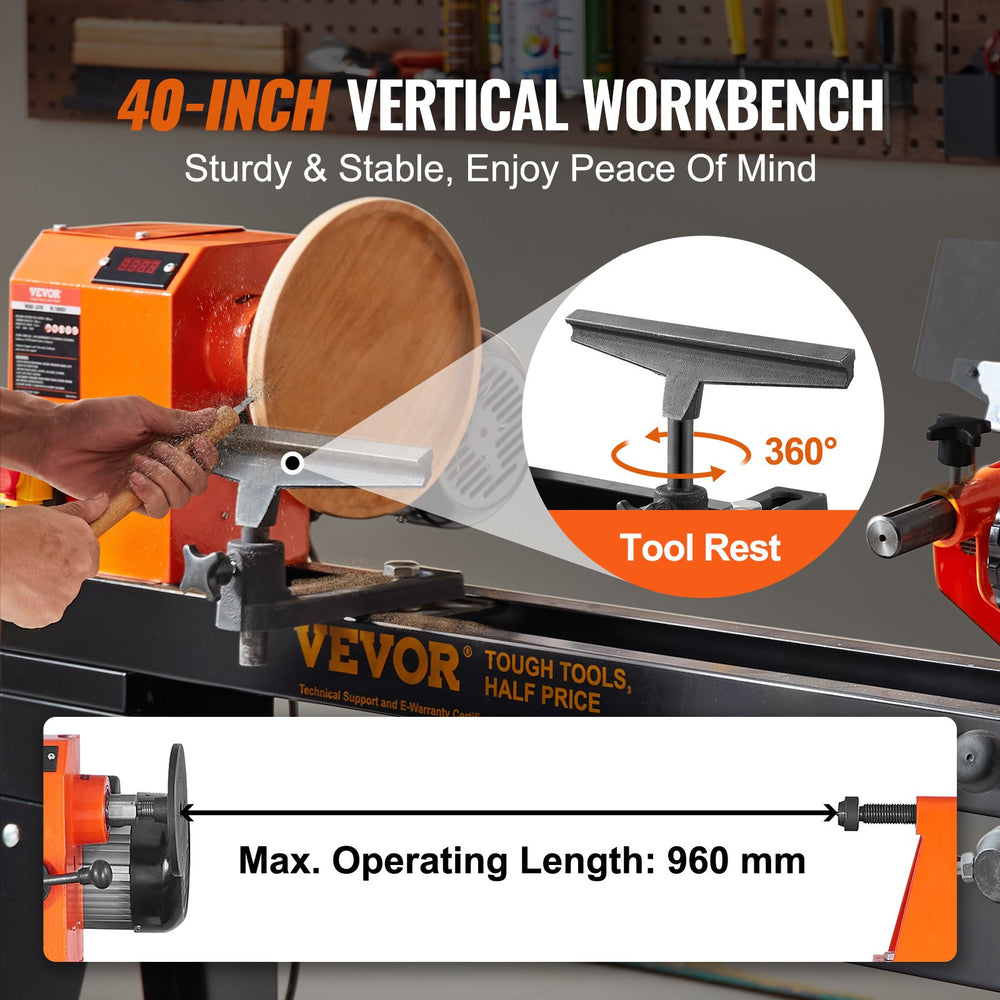 Vevor Wood Lathe with Copy Attachment 13.8" x 37.8" 1HP 750W Variable Speed 700-2600 RPM New