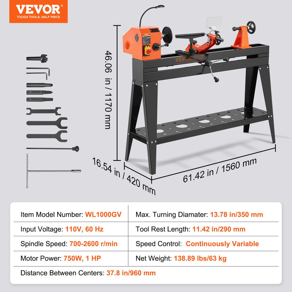 Vevor Wood Lathe with Copy Attachment 13.8" x 37.8" 1HP 750W Variable Speed 700-2600 RPM New