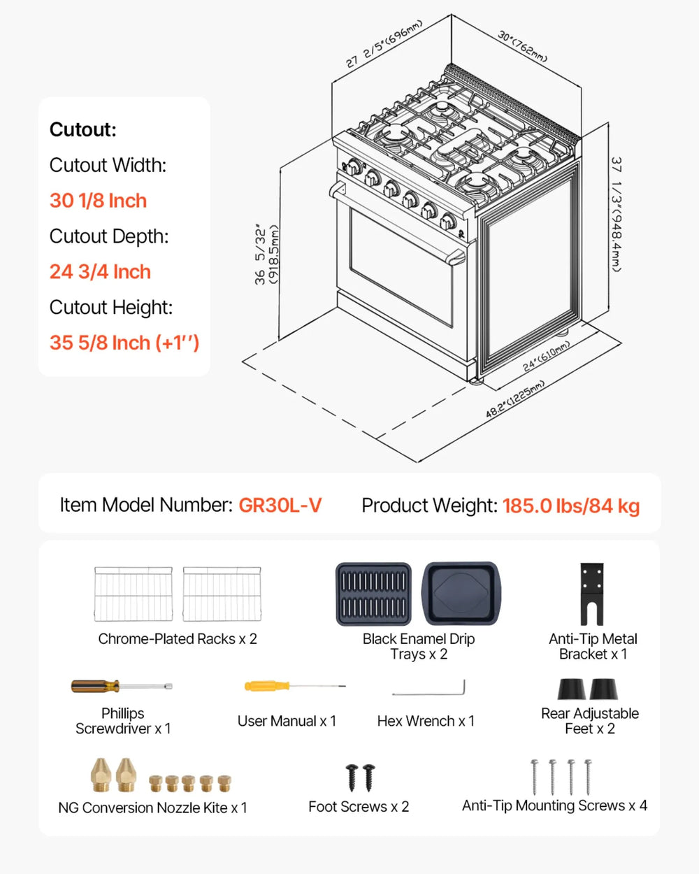 Vevor Gas Range Oven 30" with 5 Cooktop Burners 4.8 Cu. Ft Capacity New