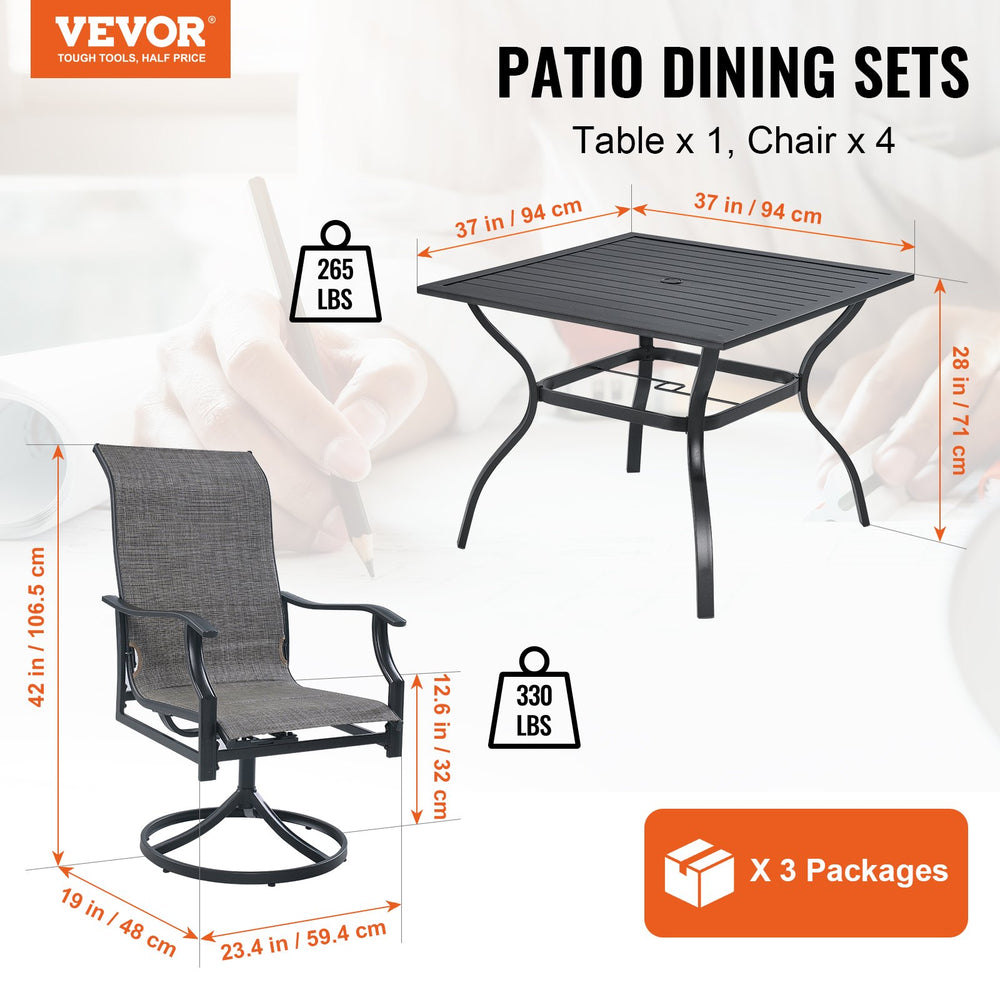 Vevor 5 Piece Patio Dining Set Outdoor Table with Umbrella Hole and Swivel Chairs New