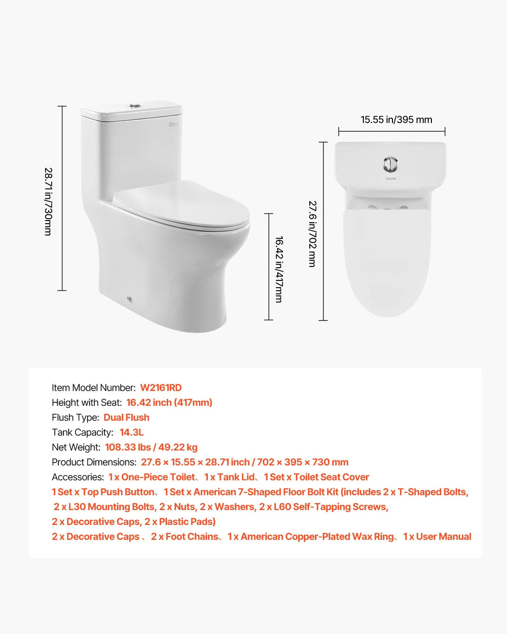 Vevor One-Piece Toilet Elongated Dual-Flush 1.0/1.28 GPF 16 in. Seat Height 12 in. Rough-in New