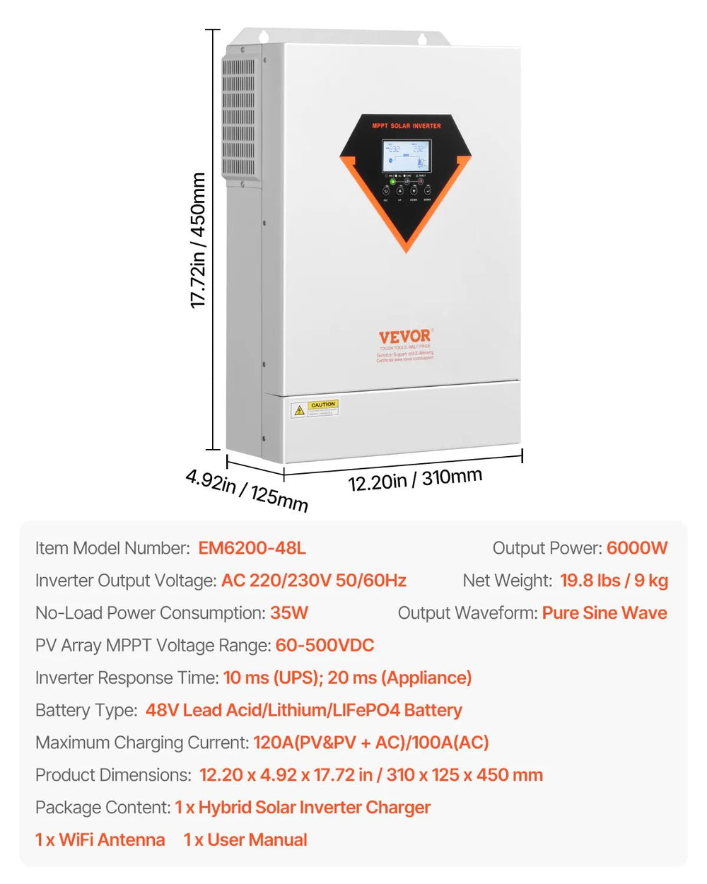 Vevor Hybrid Solar Inverter 6000W Pure Sine Wave Charger 48V DC to 220/230V AC Single Phase New