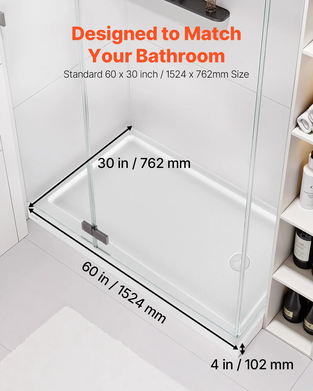 Vevor Shower Pan 60 x 30 in. Single Threshold Acrylic Slip-Resistant with Right Drain Kit New