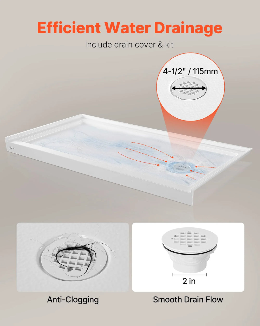 Vevor Shower Pan 60 x 30 in. Single Threshold Acrylic Slip-Resistant with Right Drain Kit New