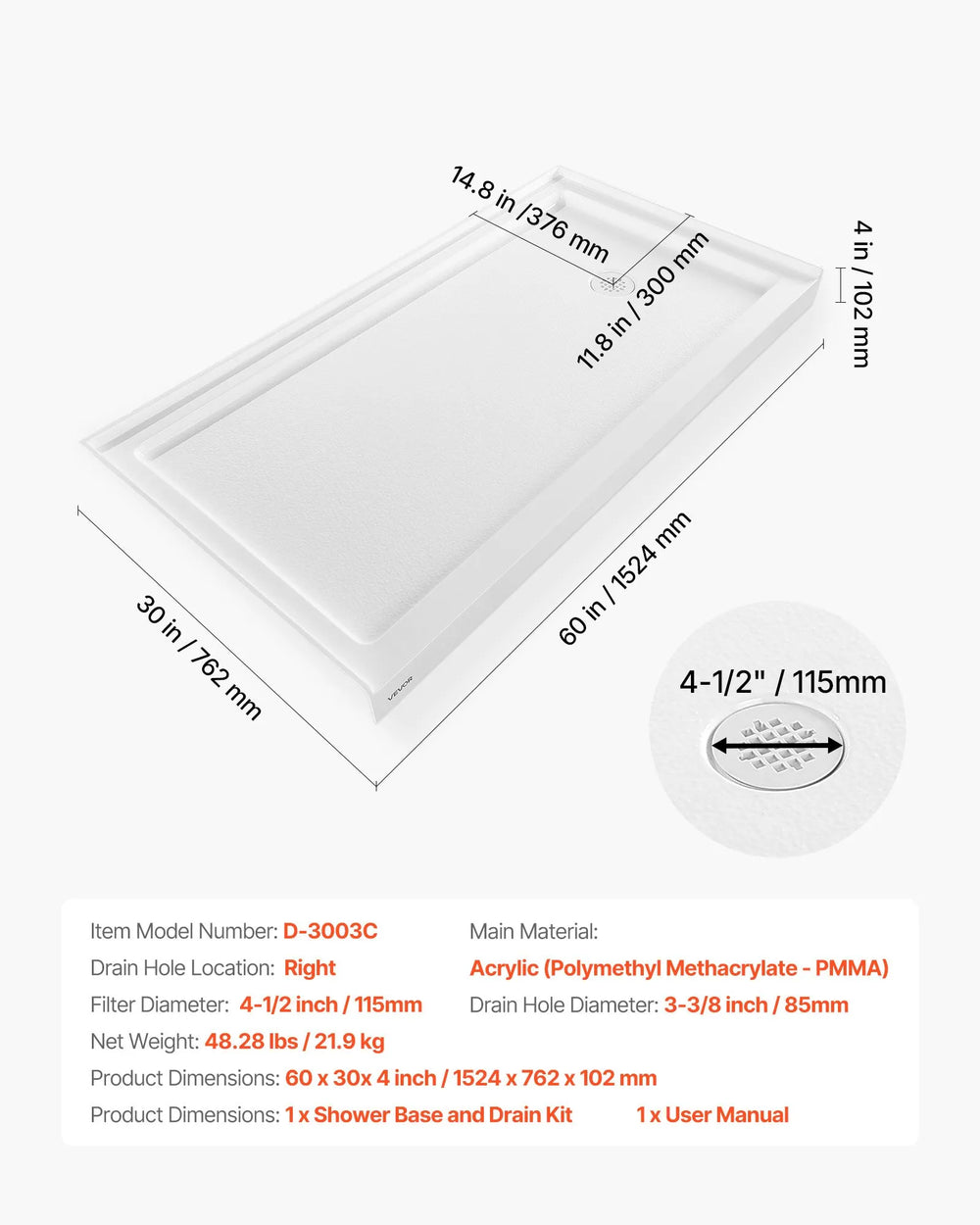 Vevor Shower Pan 60 x 30 in. Single Threshold Acrylic Slip-Resistant with Right Drain Kit New