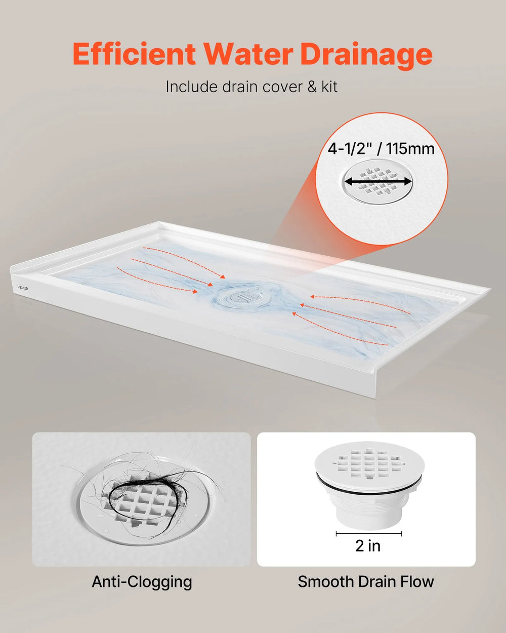 Vevor Shower Pan 60 x 32 in. Single Threshold Acrylic Slip-Resistant with Center Drain Kit New