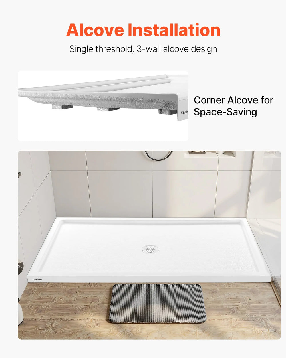 Vevor Shower Pan 60 x 32 in. Single Threshold Acrylic Slip-Resistant with Center Drain Kit New
