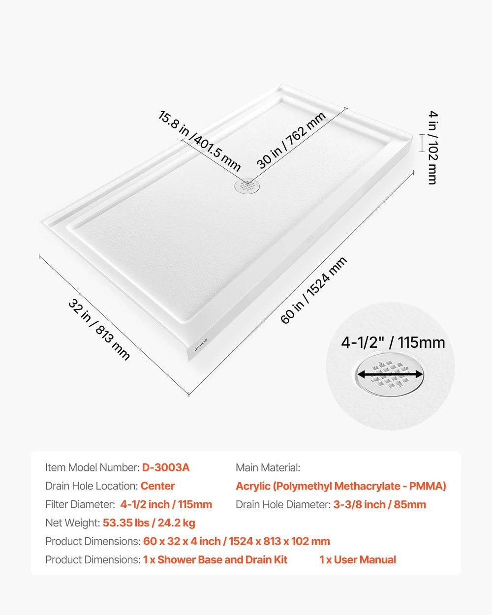 Vevor Shower Pan 60 x 32 in. Single Threshold Acrylic Slip-Resistant with Center Drain Kit New