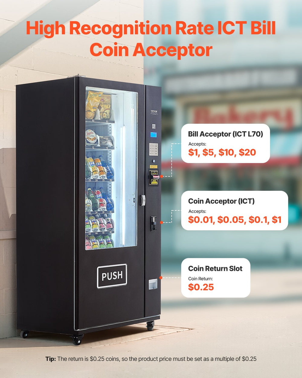 Vevor Vending Machine Refrigerated 36 Slots with ICT Bill/Coin Acceptor New