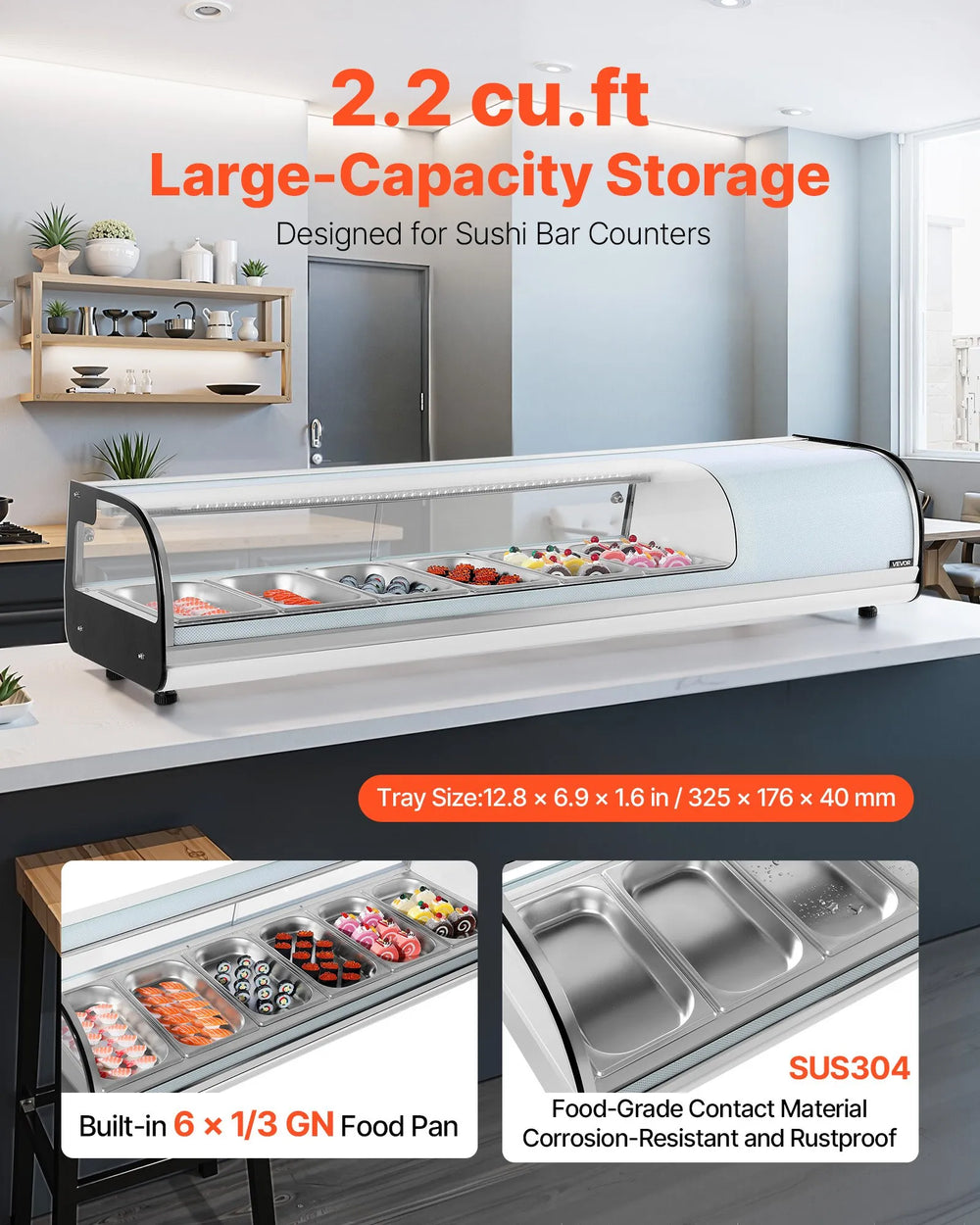 Vevor Commercial Display Case Refrigerator 6-Pan 2.2 Cu. Ft LED Lighting Temp Control New