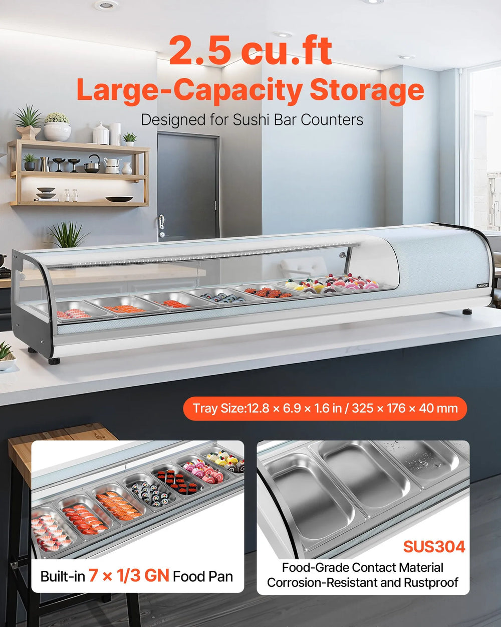 Vevor Commercial Display Case Refrigerator 2.5 Cu. Ft 7-Pan LED Lighting Temp Control New