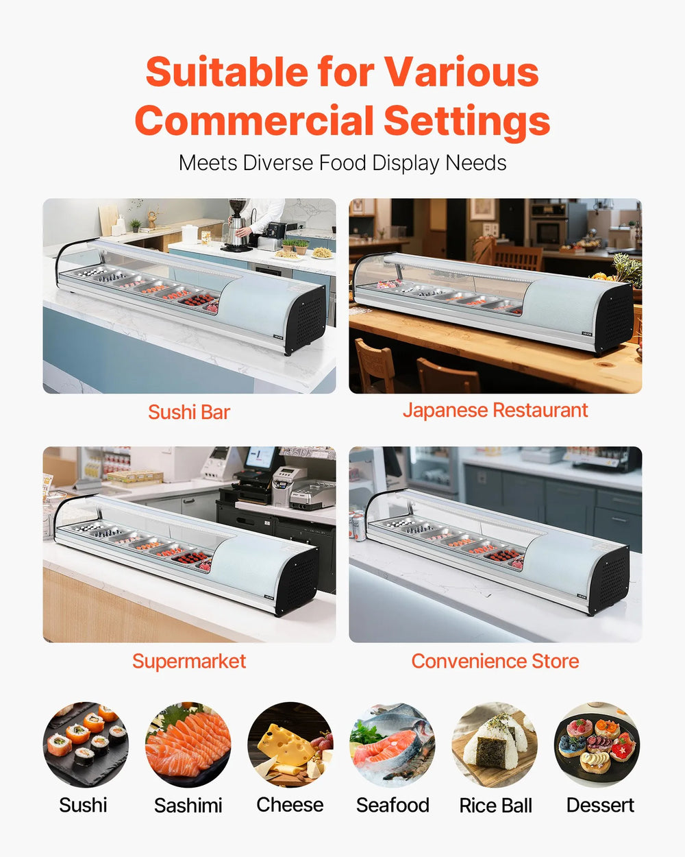 Vevor Commercial Display Case Refrigerator 2.5 Cu. Ft 7-Pan LED Lighting Temp Control New