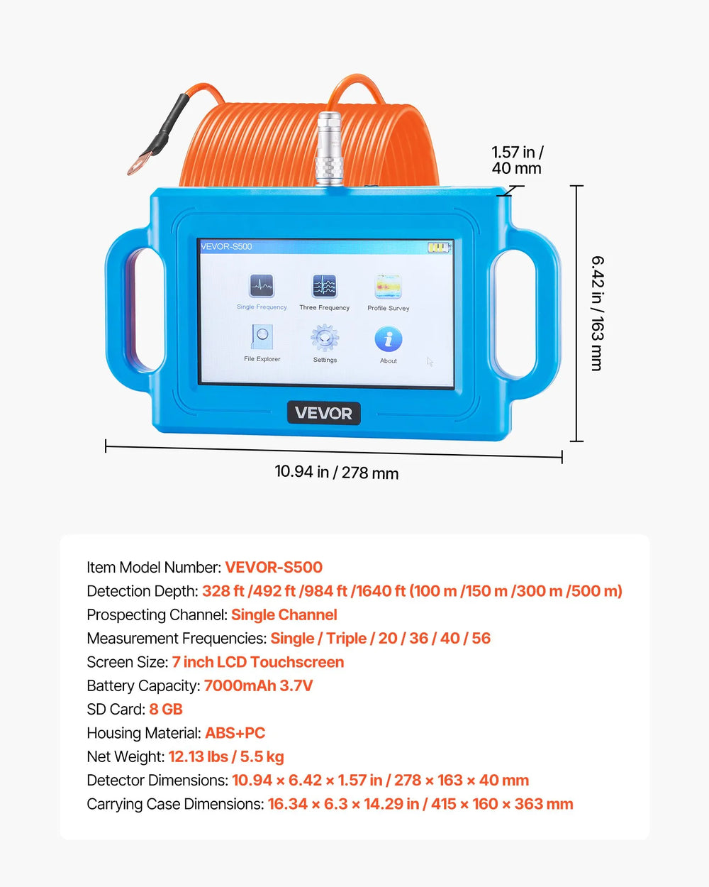 Vevor Underground Water Detectors 1640 ft Depth Locator with 7" Touchscreen Auto Mapping New