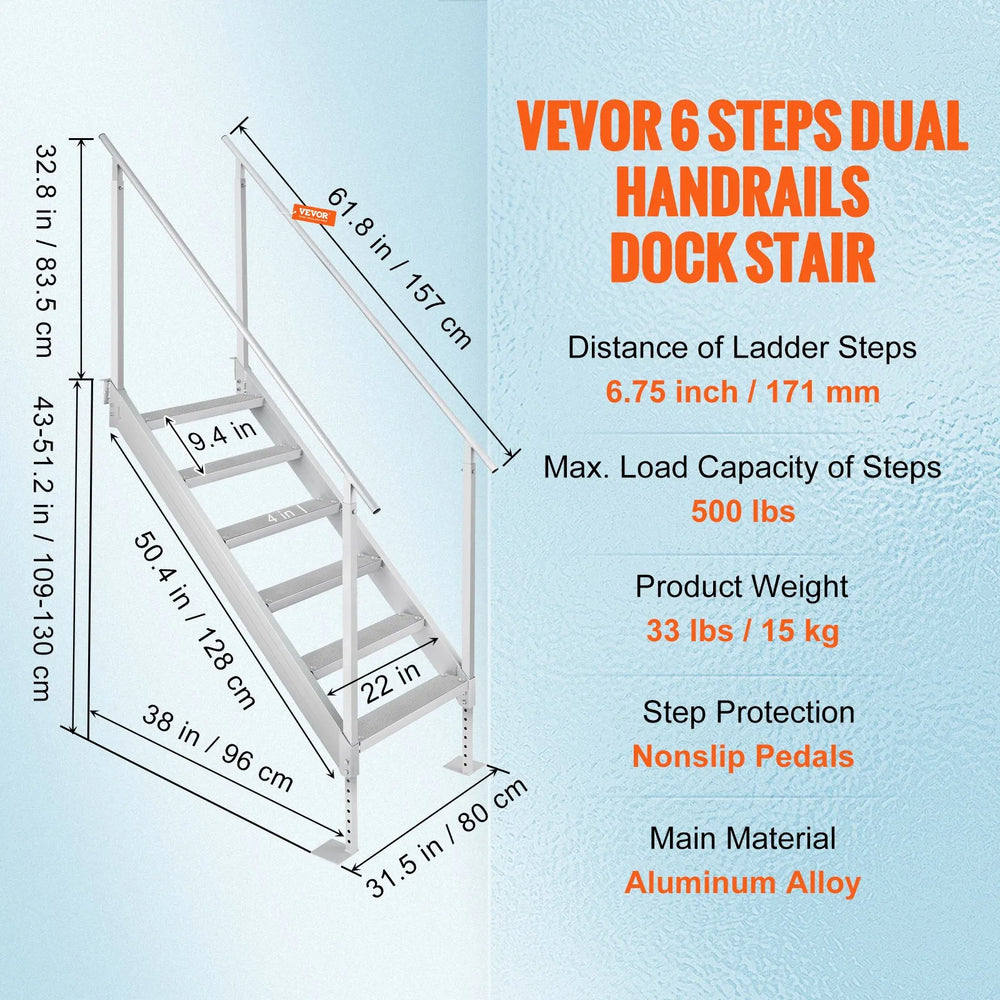 Vevor Dock Ladder 43"-51" Adjustable Height 500 Lbs. Load Capacity 6 Steps Aluminum New