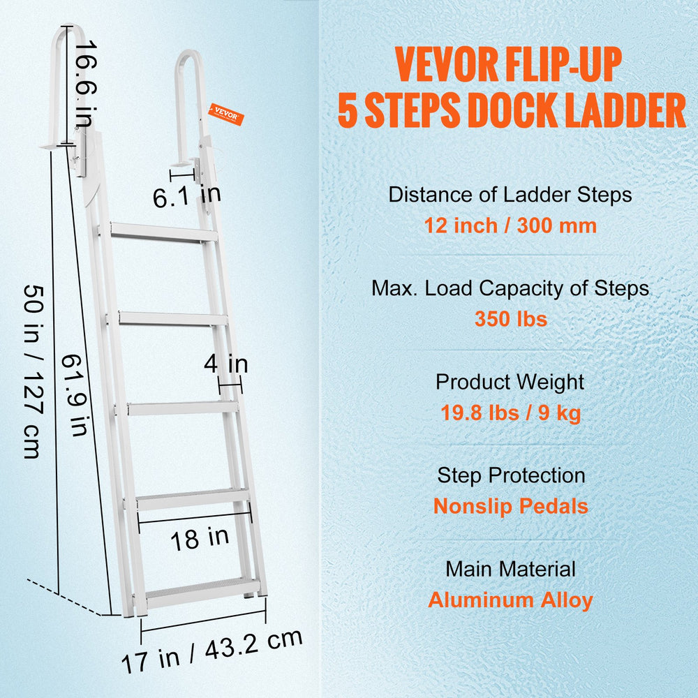 Vevor Dock Ladder Flip-Up 350lbs Load Capacity Aluminum with 5 Non-Slip Steps New