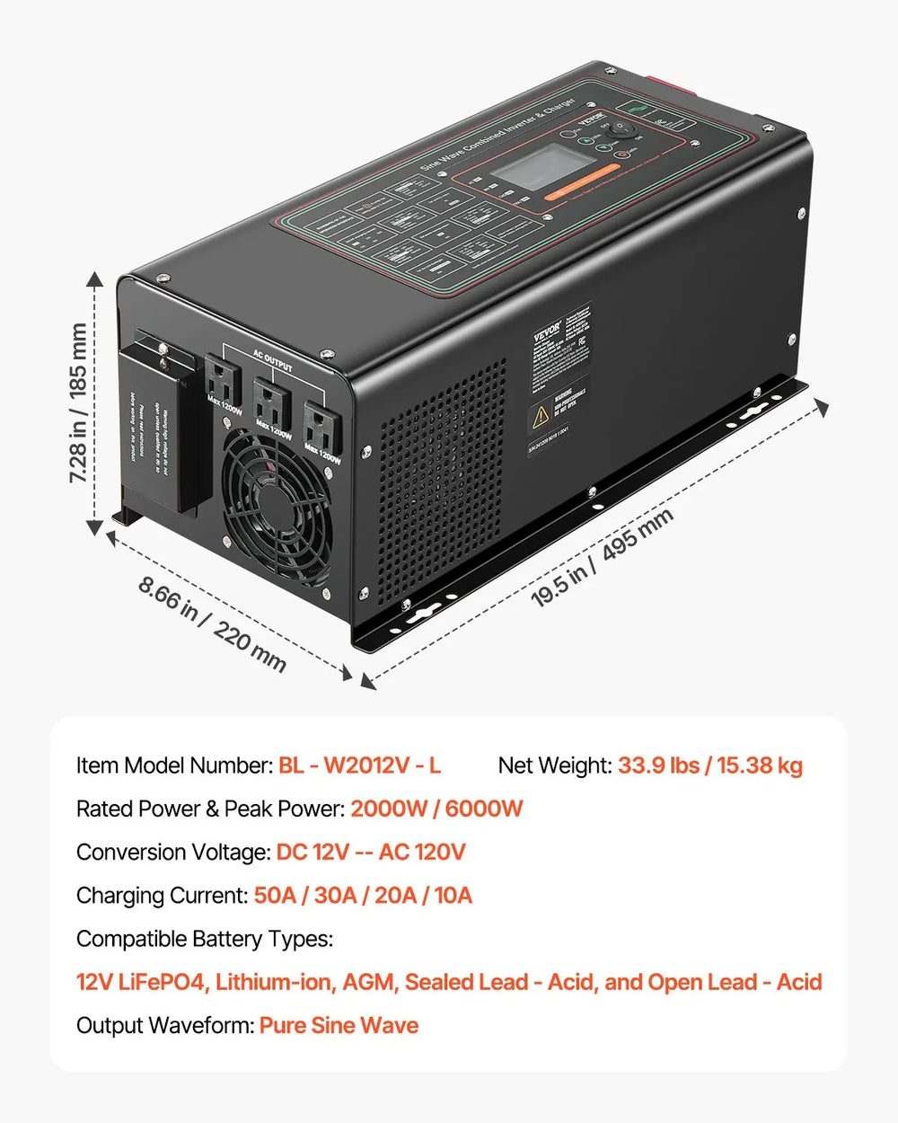Vevor Pure Sine Wave Inverter Charger DC 12V to AC 120V 2000W New