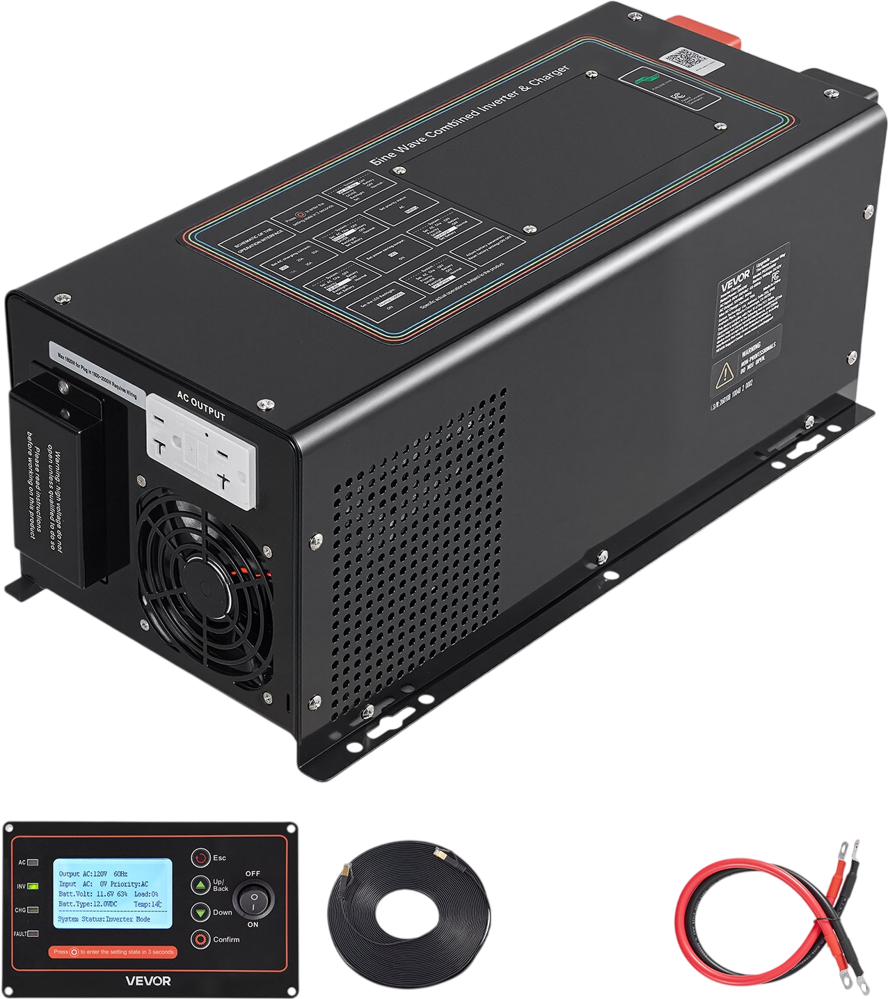 Vevor Pure Sine Wave Inverter Charger 2000W DC 12V to AC 120V with LCD Display New