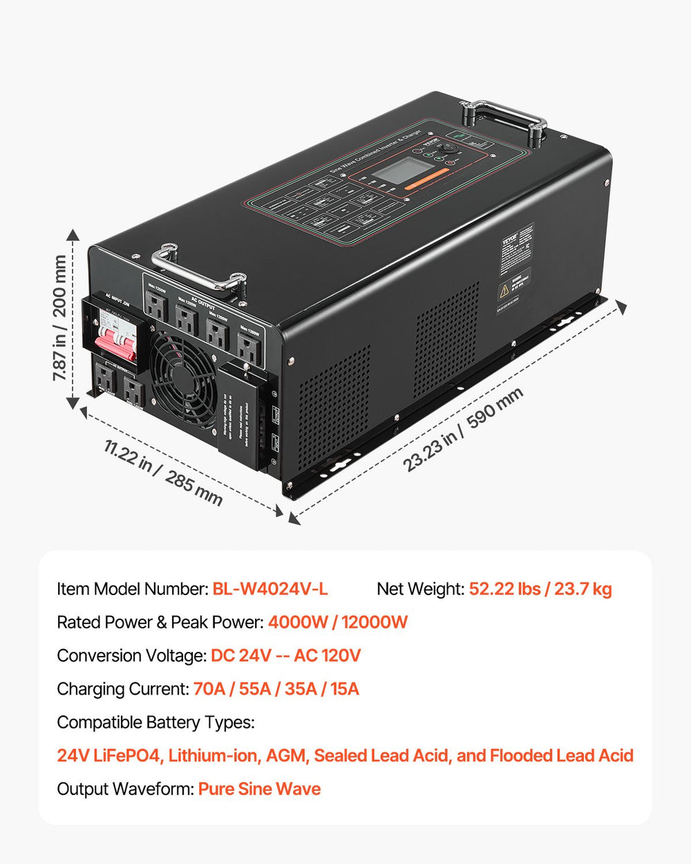 Vevor Pure Sine Wave Inverter Charger 4000W DC 24V to AC 120V New