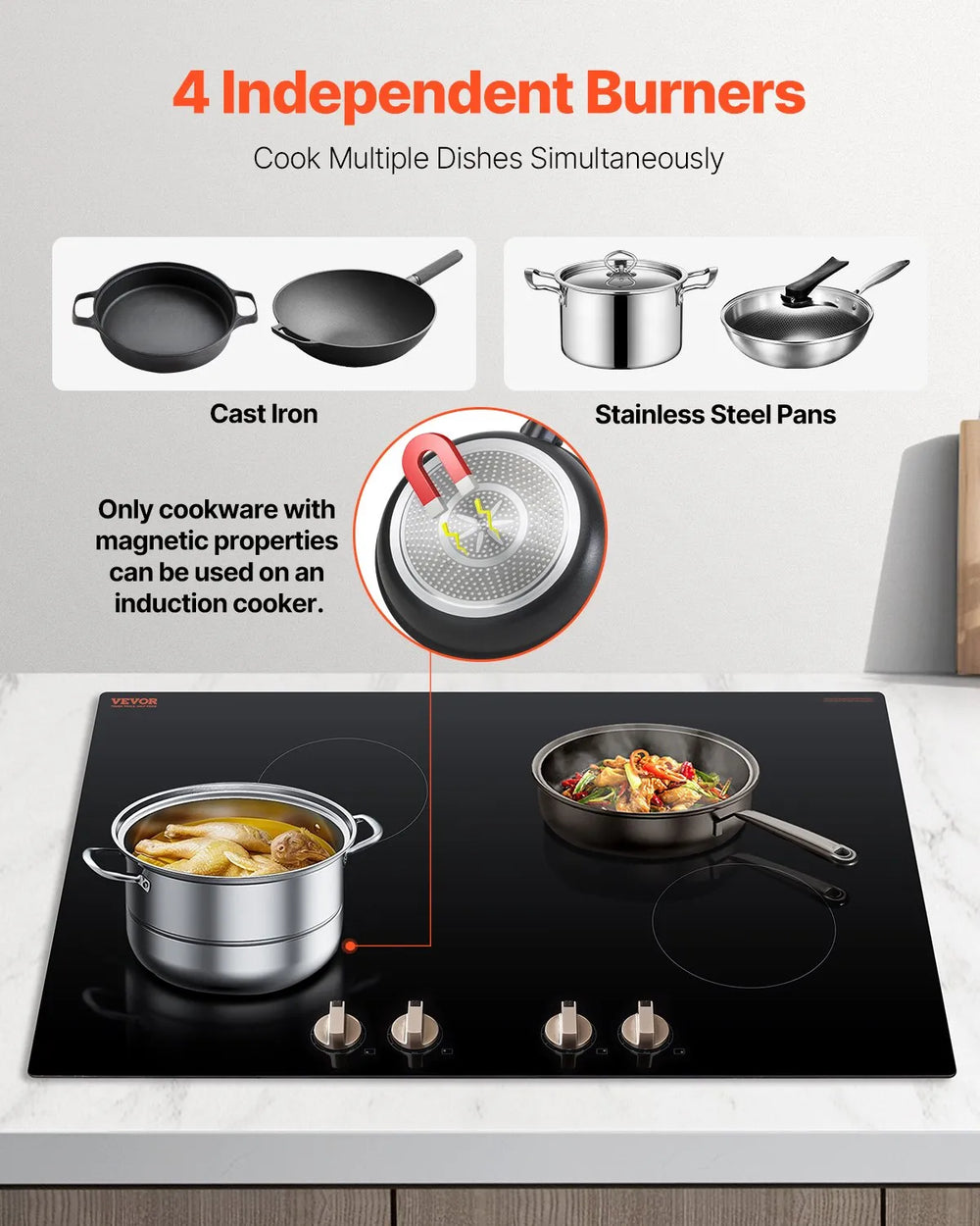Vevor Electric Induction Cooktop 4-Burner 6600W Multizone with 12 Heat Levels New