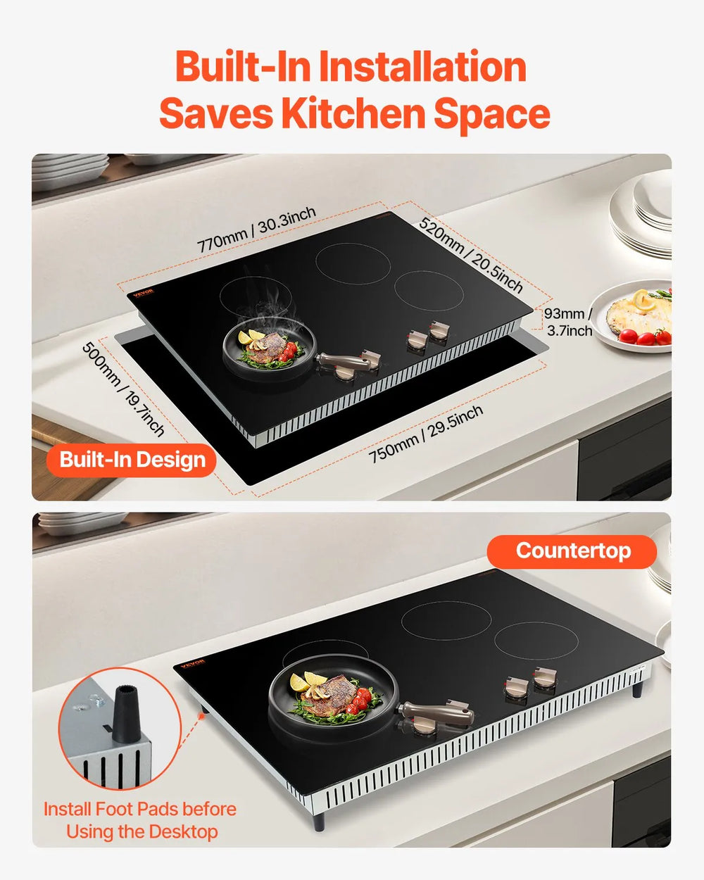Vevor Electric Induction Cooktop 4-Burner 6600W Multizone with 12 Heat Levels New