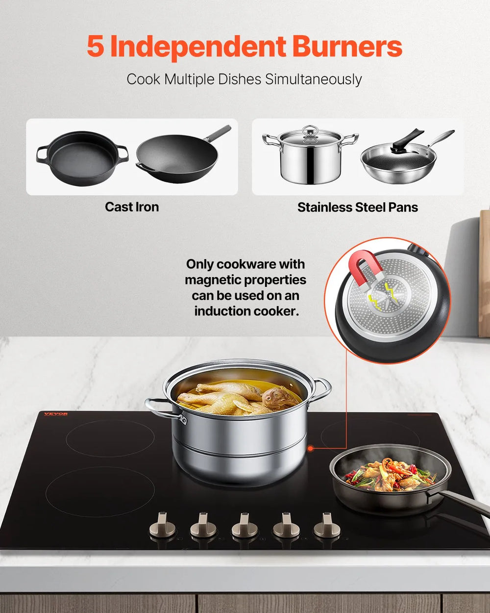 Vevor Electric Induction Cooktop 5-Burner 9200W Multizone with 12 Heat Levels New