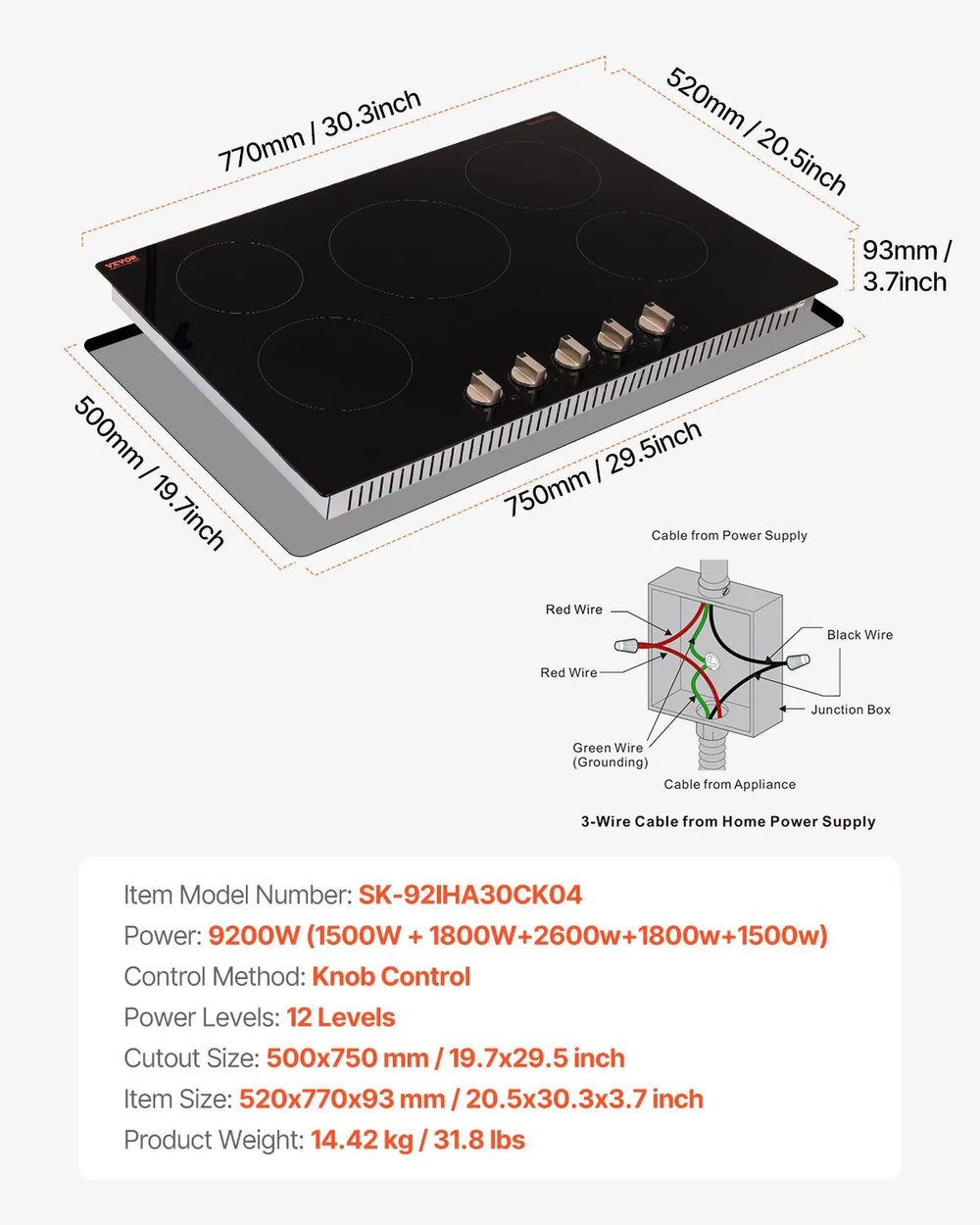 Vevor Electric Induction Cooktop 5-Burner 9200W Multizone with 12 Heat Levels New