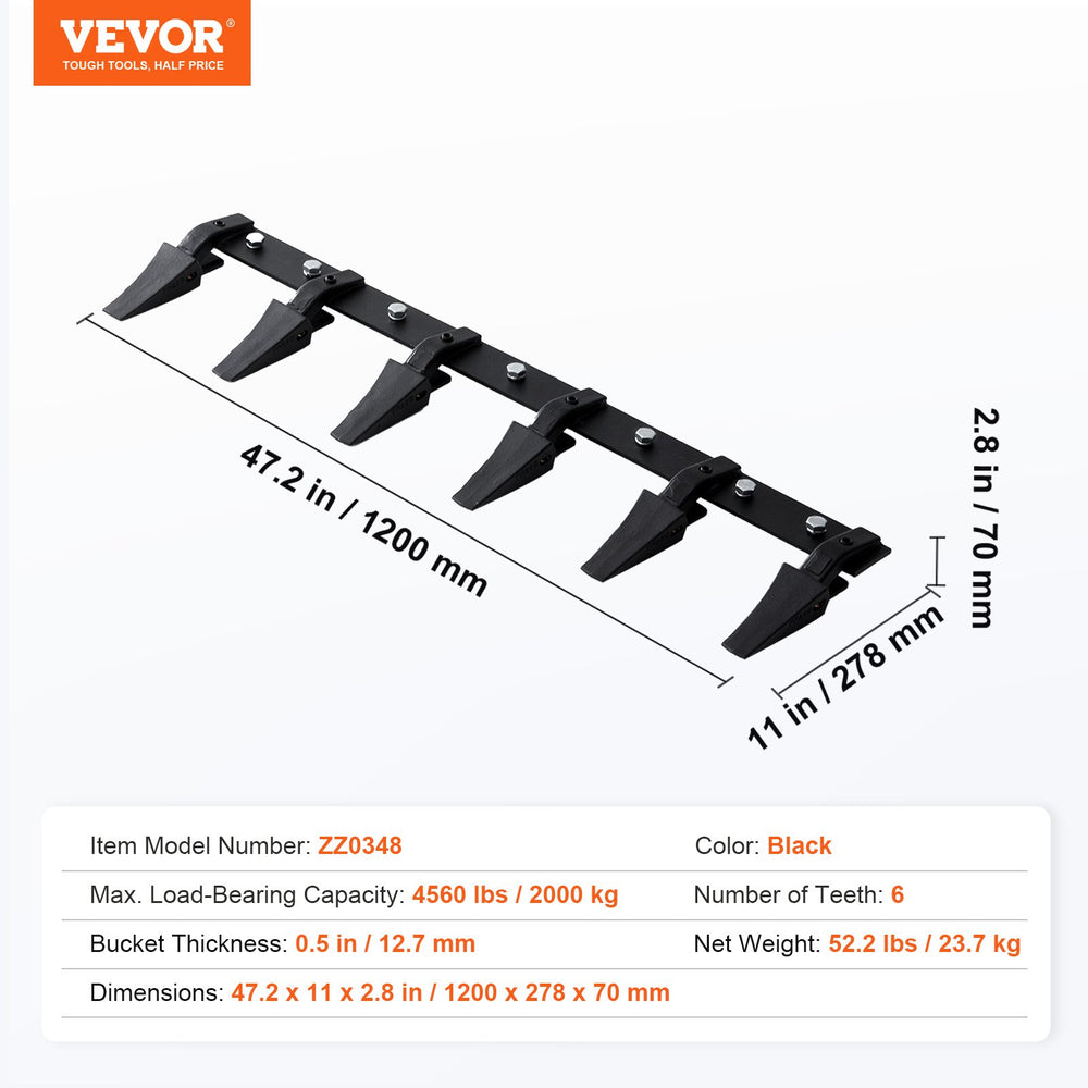 Vevor Bolt-On Tooth Bar Attachment for 48" Bucket 6 Teeth 4560 Lbs Capacity New