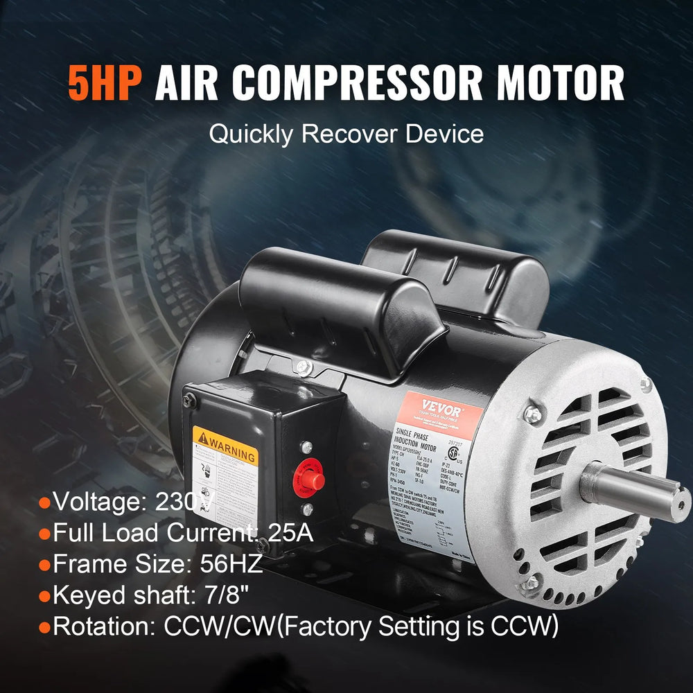 Vevor Air Compressor Motor CW/CCW Rotation 5 HP 230V 25A 3450 RPM New