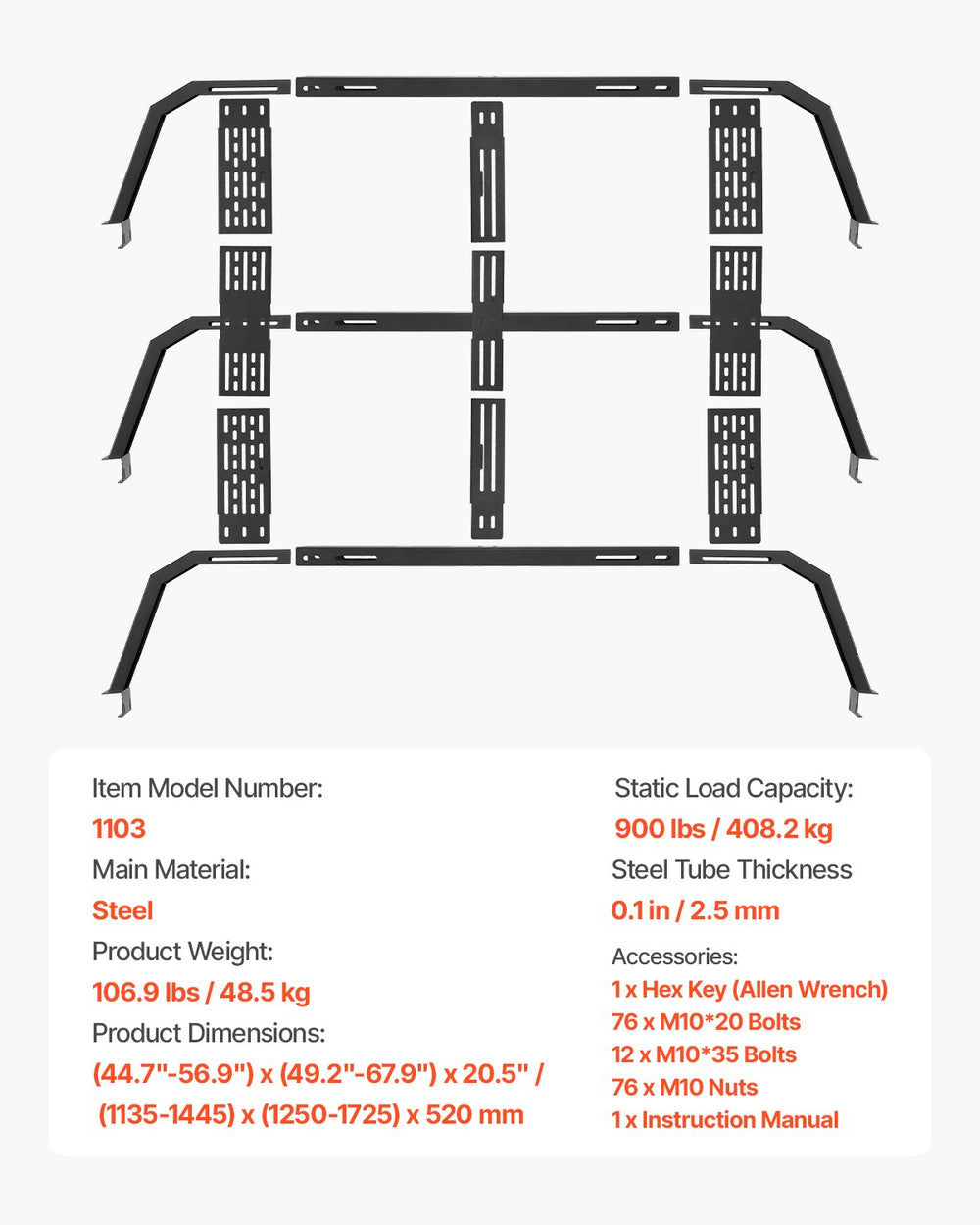Vevor Overland Truck Bed Rack 900 Lbs Capacity for Mid-Size Pickups New