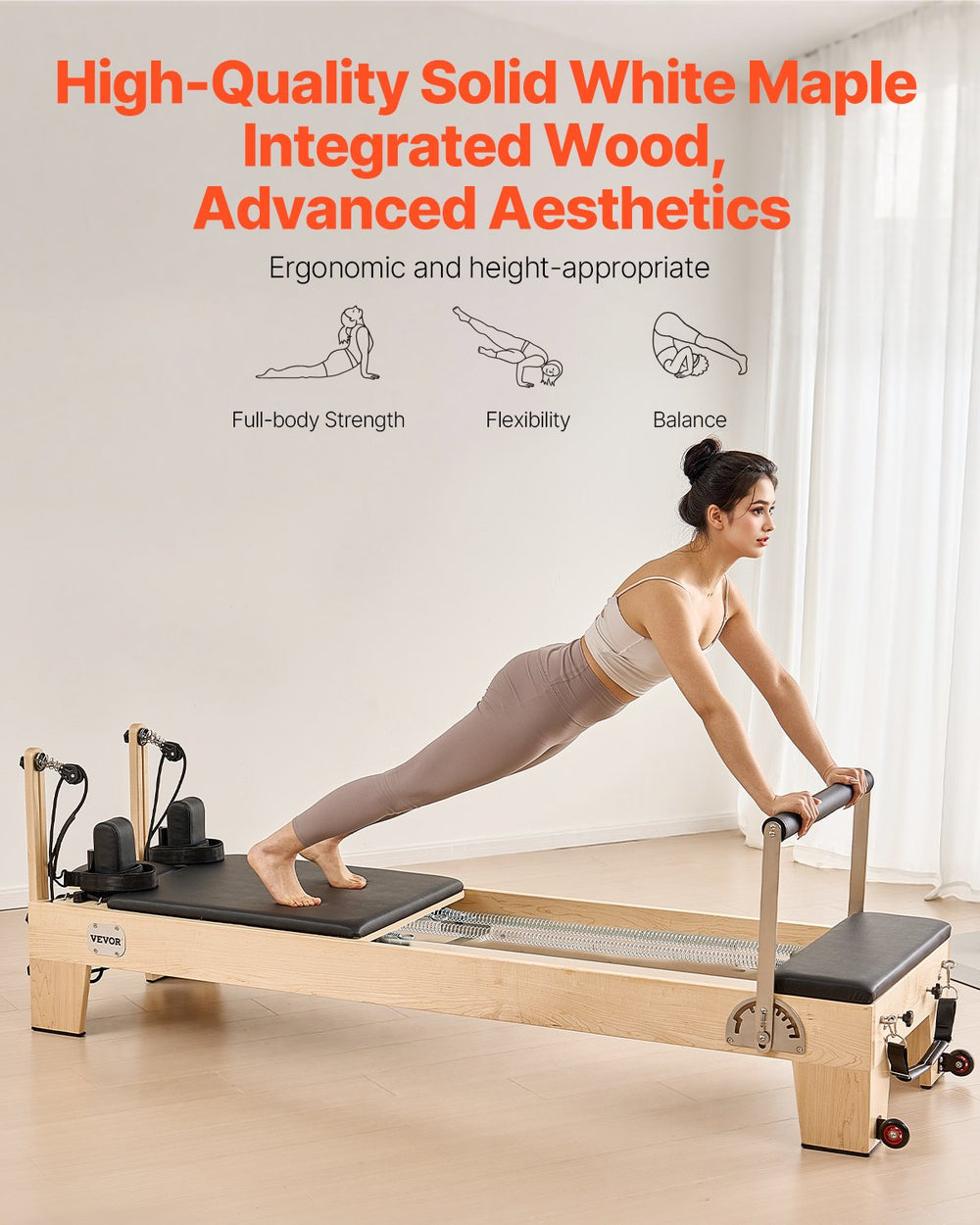 Vevor Pilates Reformer Wood Workout Machine Non-Folding with 6 Resistance Springs New
