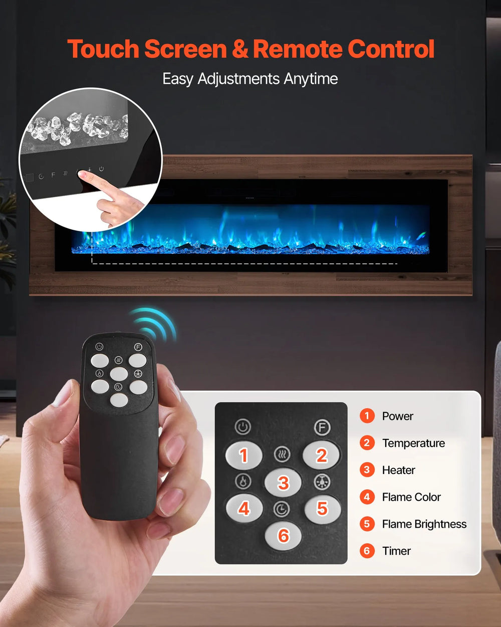 Vevor Electric Fireplace 60" Recessed Wall Mount Adjustable Flame 2 Heat Levels 1500W New