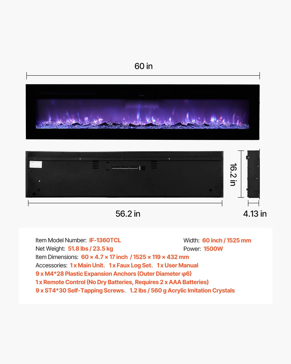 Vevor Electric Fireplace 60" Recessed Wall Mount Adjustable Flame 2 Heat Levels 1500W New