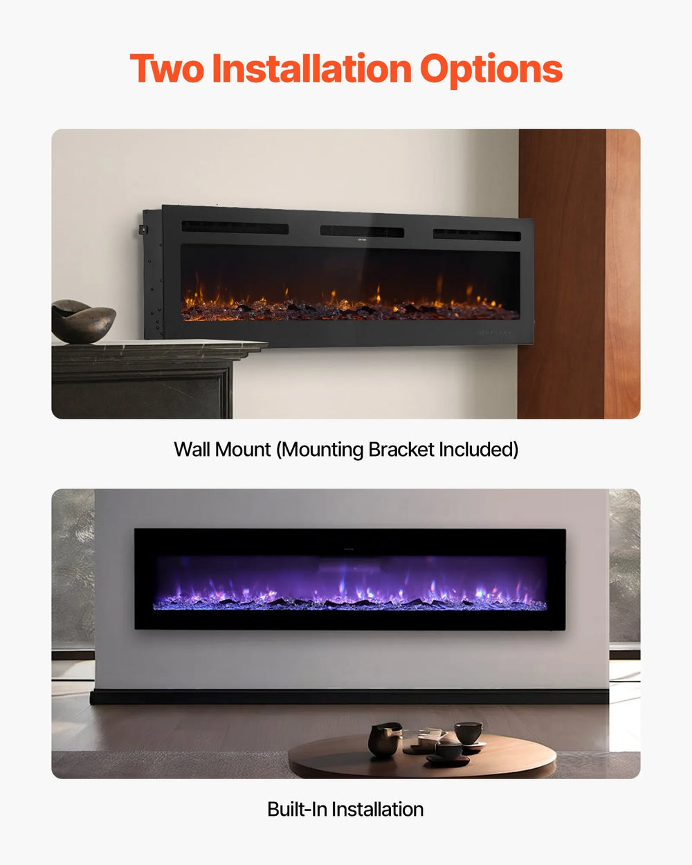 Vevor Electric Fireplace 72" Recessed Wall Mount Adjustable Flame 2 Heat Levels 1500W New